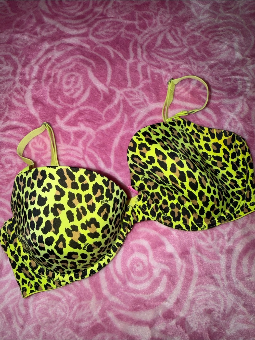 PINK Victoria's Secret Neon Yellow Leopard Print bra